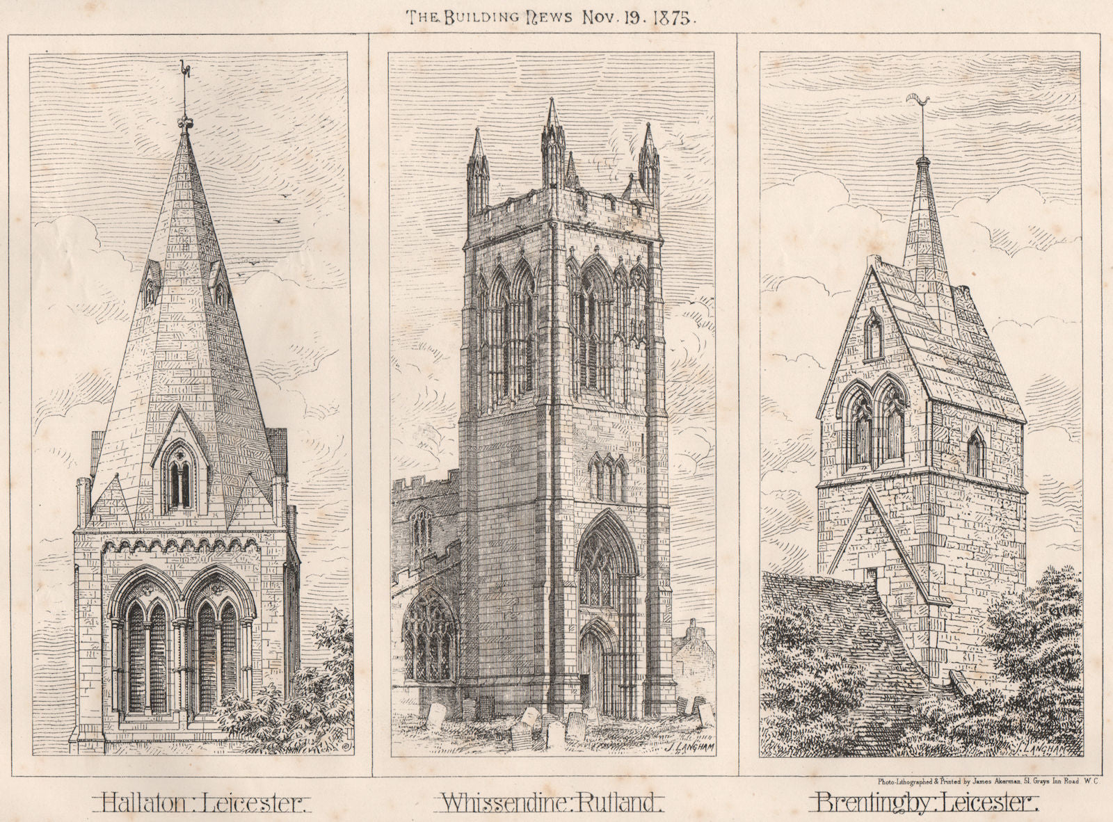Hallaton, Leicester; Whissendine, Rutland; Brentingby 1875 old antique print